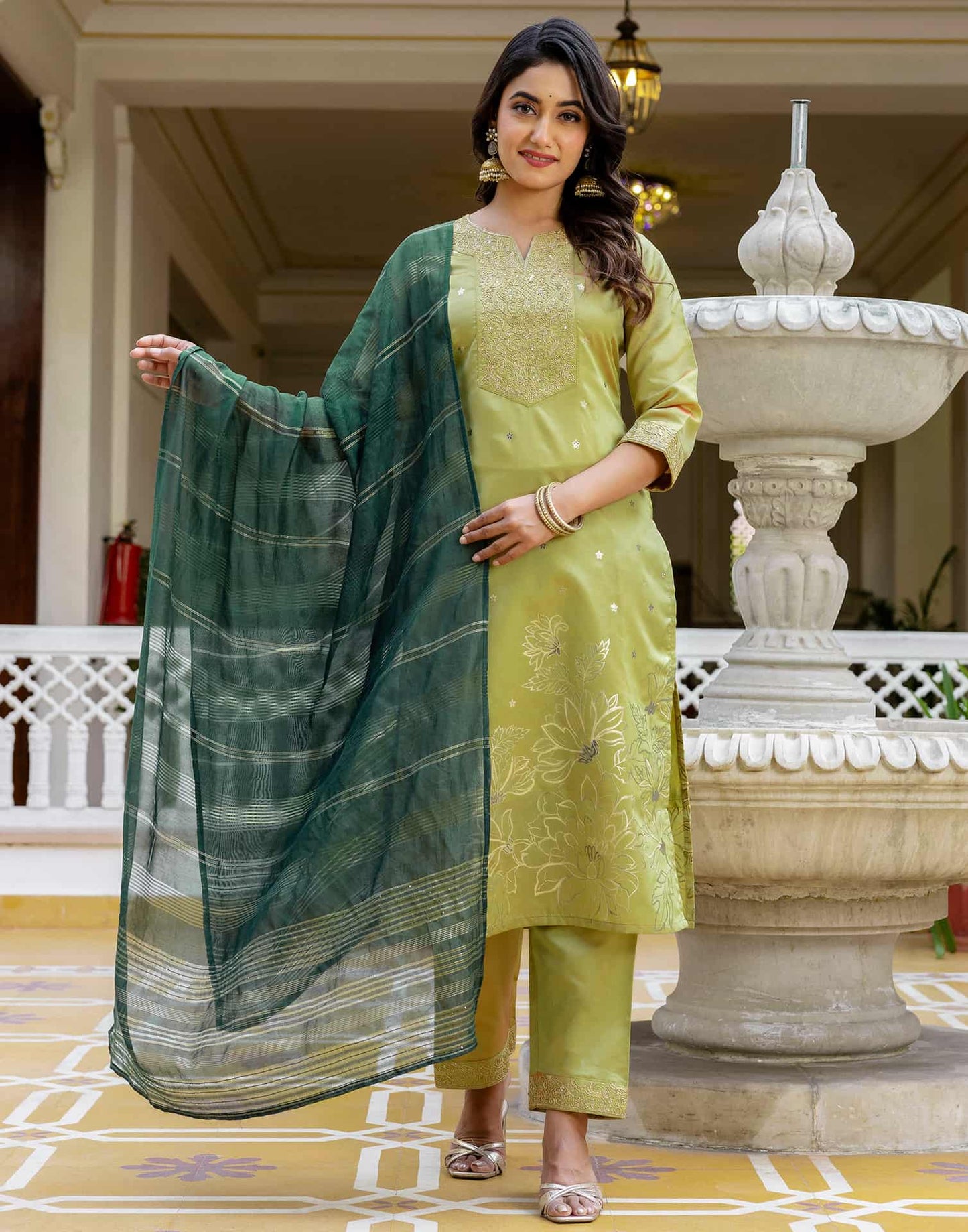 Silk Blend Sequins Work, Embroidery and Embroidery Lace, Printed and Foil Printed Straight Kurta with Pant & Dupatta