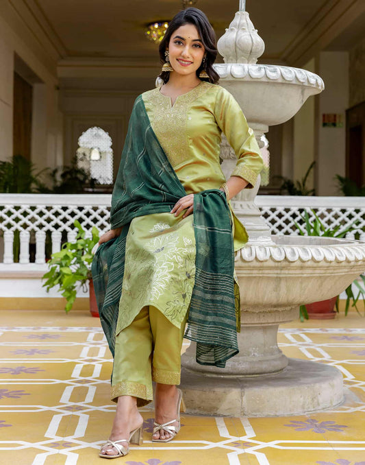 Silk Blend Sequins Work, Embroidery and Embroidery Lace, Printed and Foil Printed Straight Kurta with Pant & Dupatta