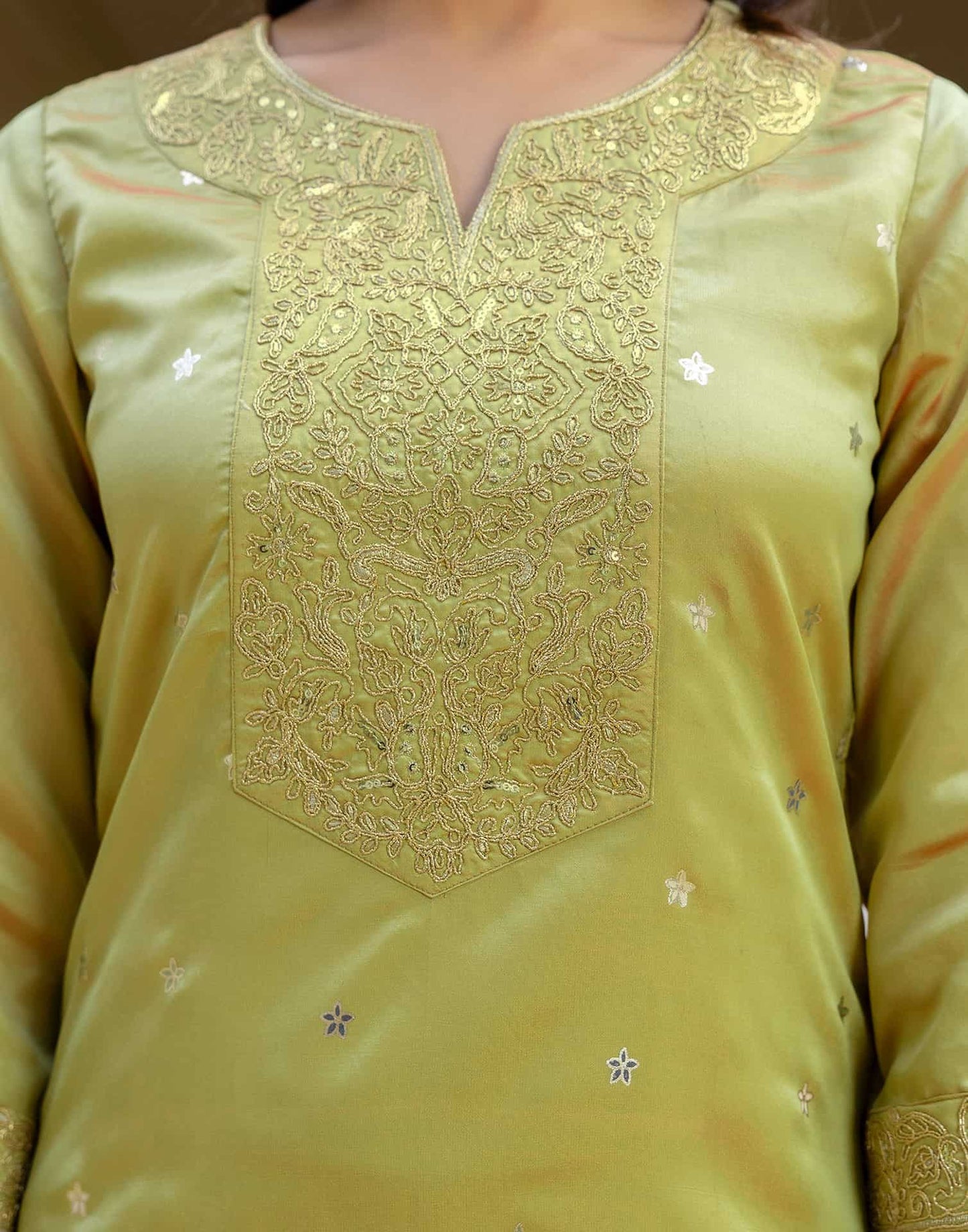Silk Blend Sequins Work, Embroidery and Embroidery Lace, Printed and Foil Printed Straight Kurta with Pant & Dupatta