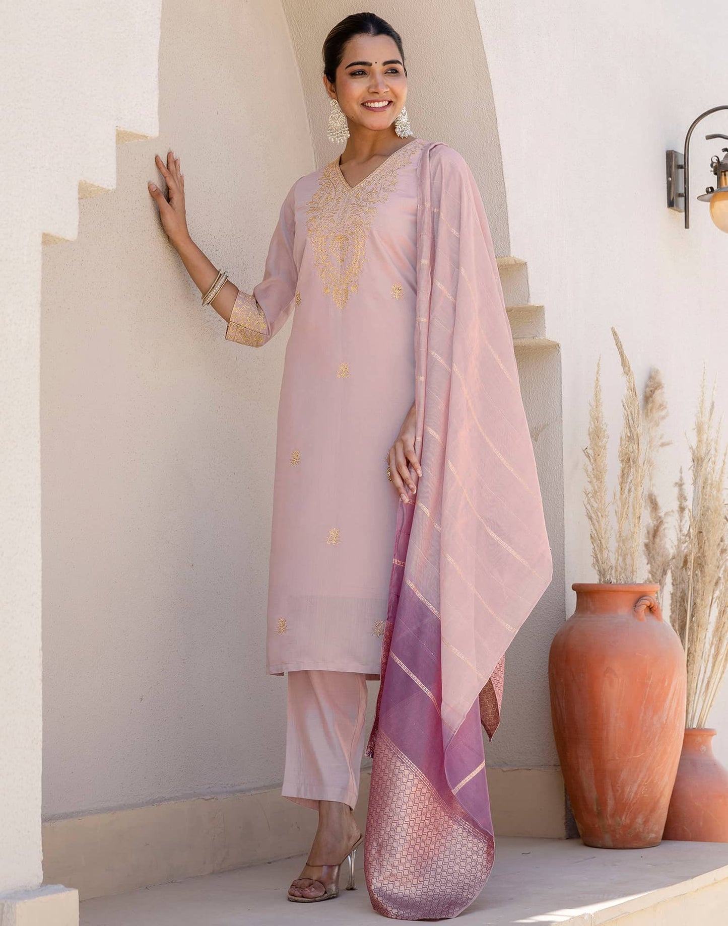Silk Embroidered Straight Kurta with Pant & Dupatta