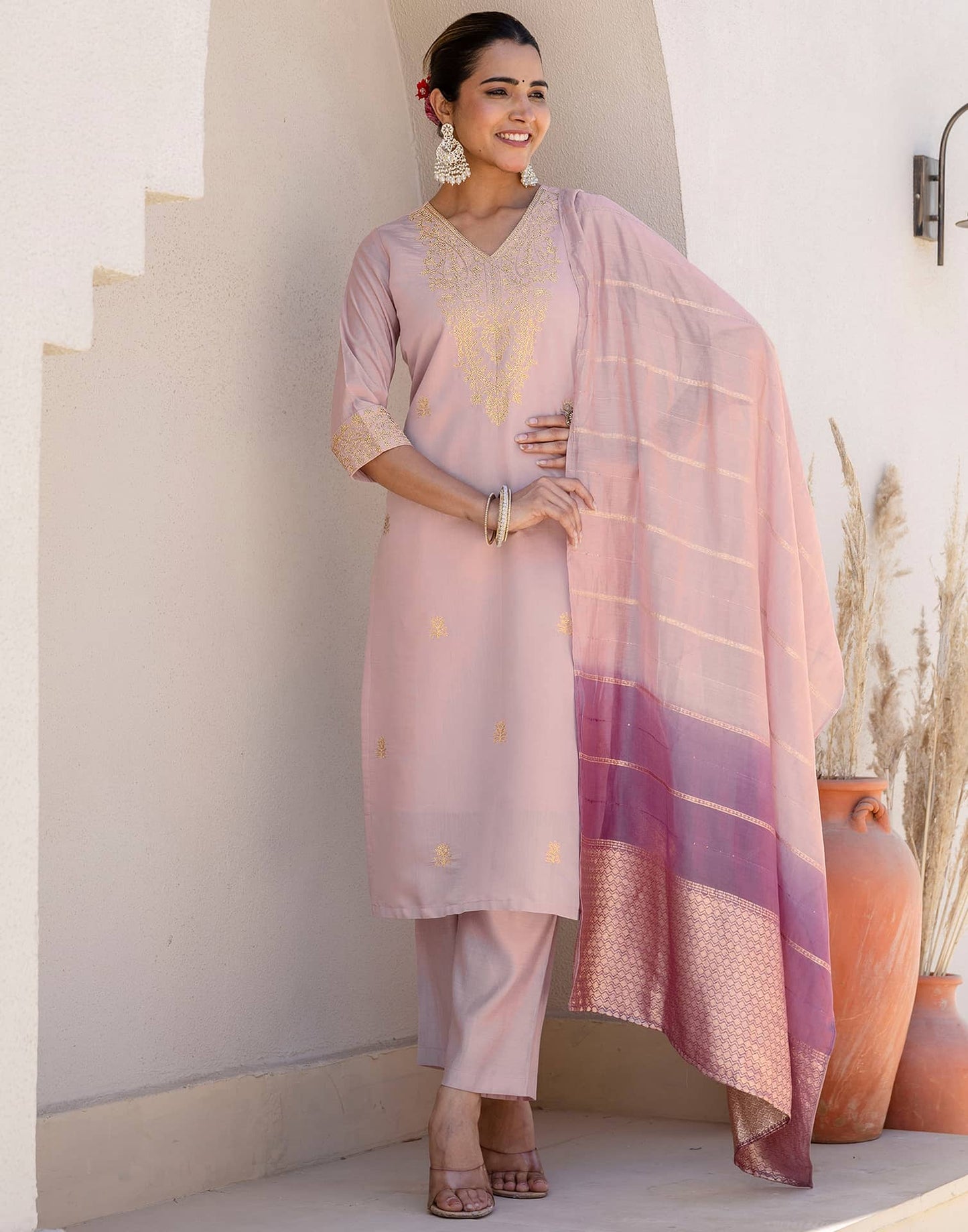 Silk Embroidered Straight Kurta with Pant & Dupatta