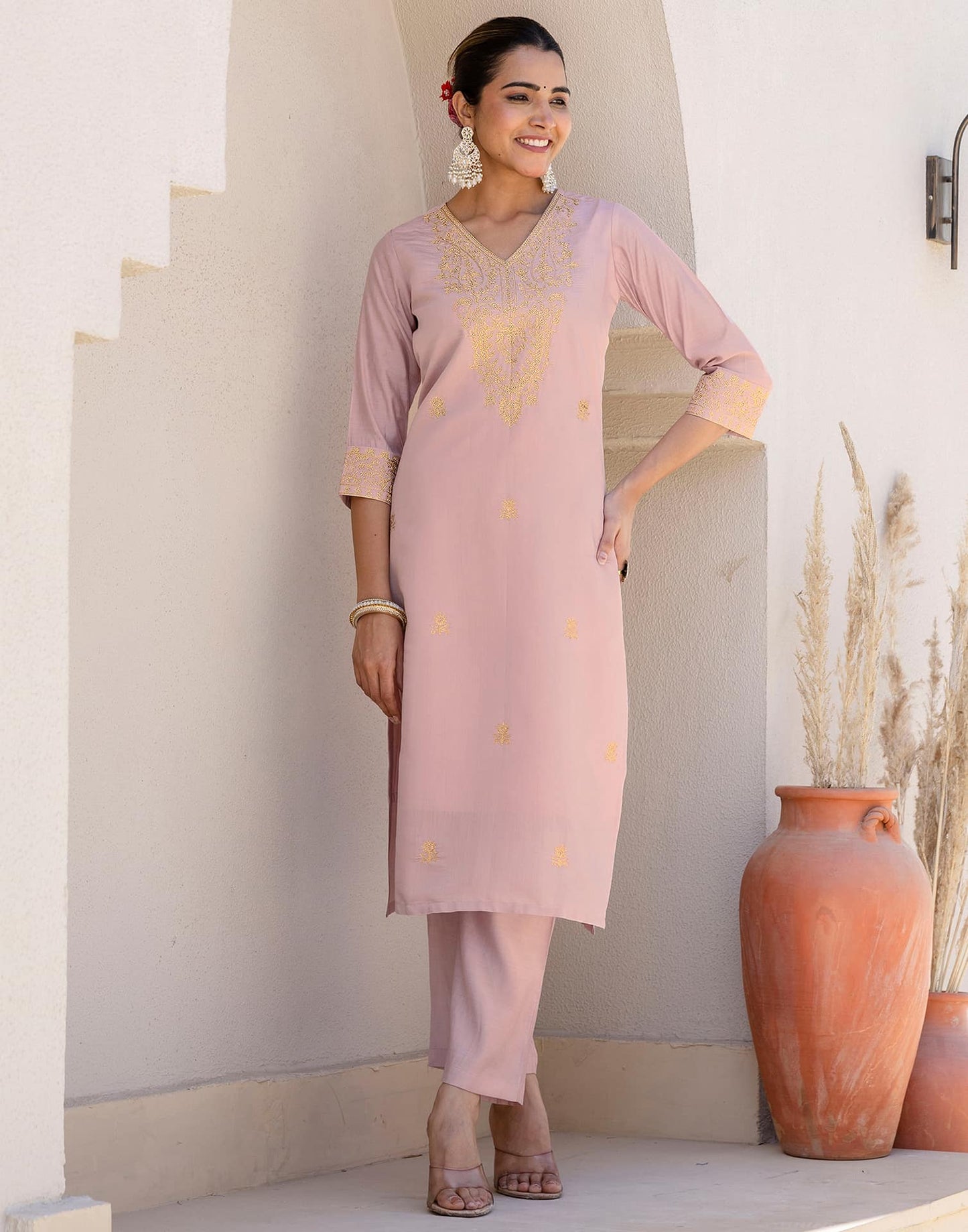Silk Embroidered Straight Kurta with Pant & Dupatta