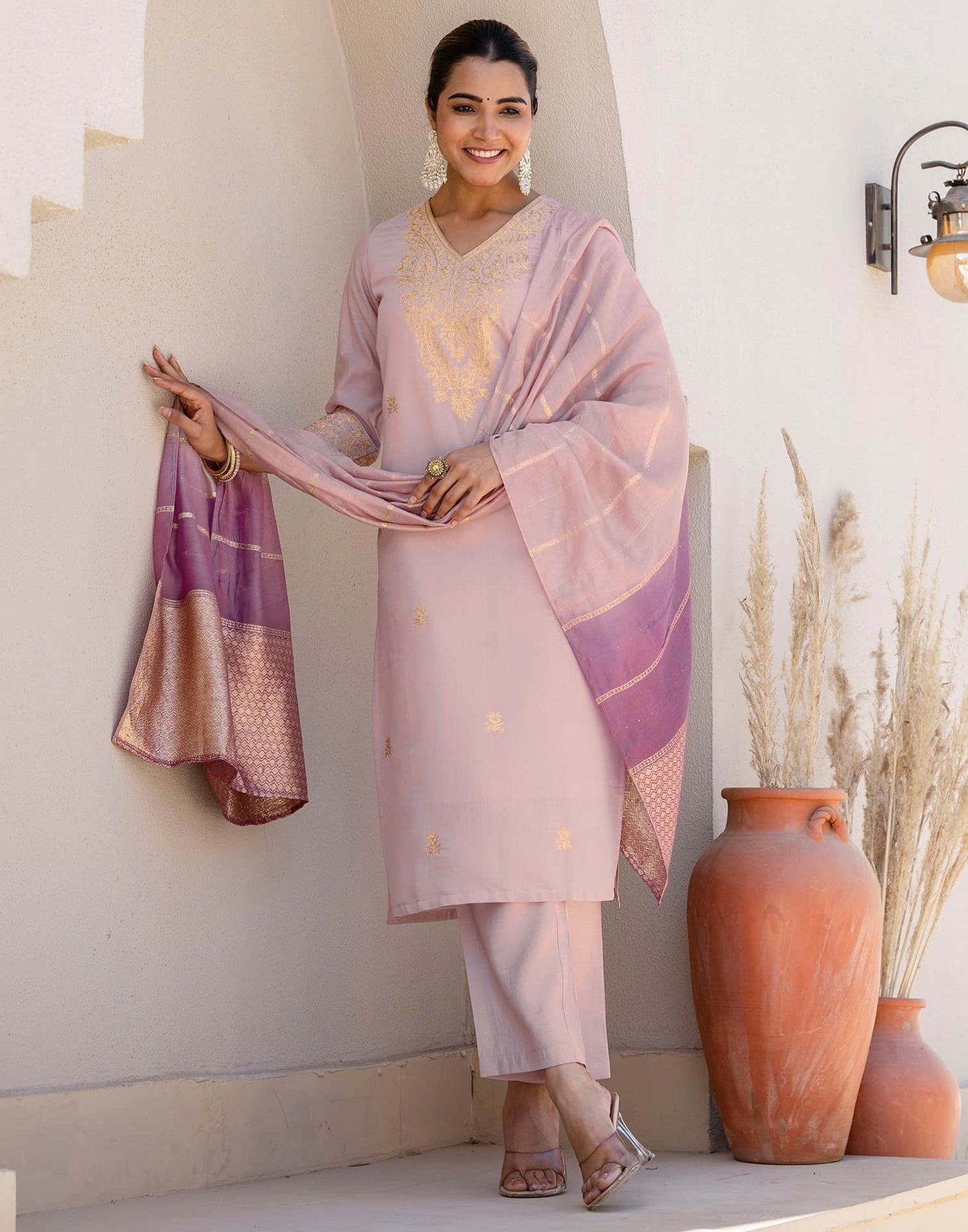Silk Embroidered Straight Kurta with Pant & Dupatta