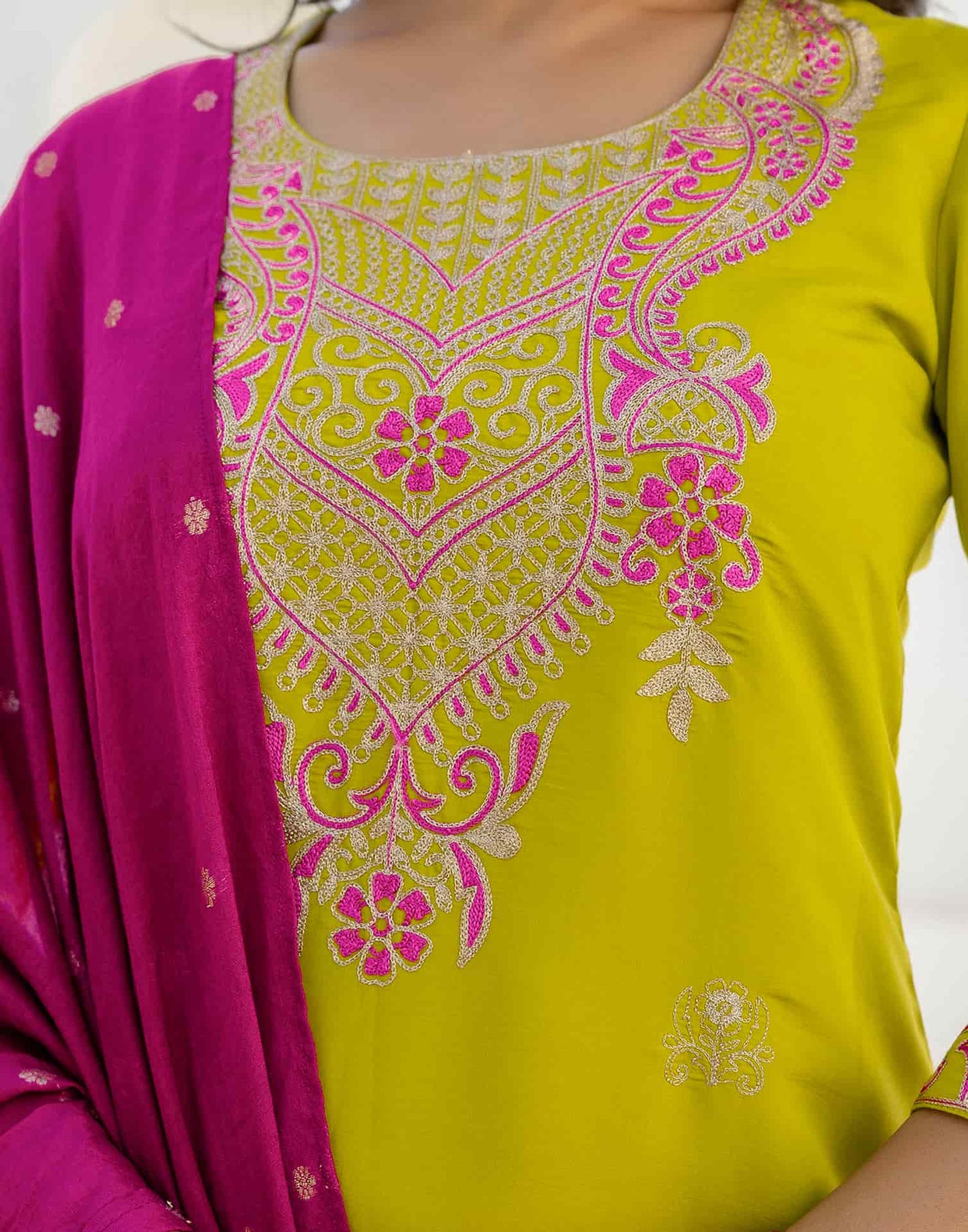 Silk Blend Embroidery Work and Embroidery Lace Straight Kurta with Pant & Dupatta