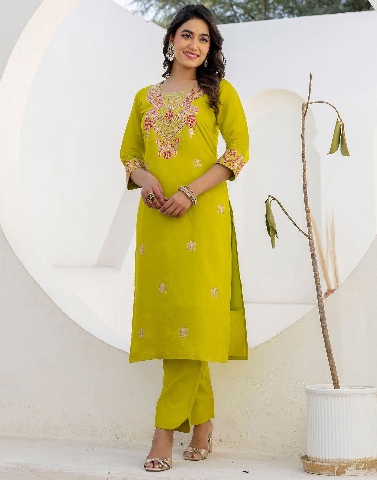 Silk Blend Embroidery Work and Embroidery Lace Straight Kurta with Pant & Dupatta