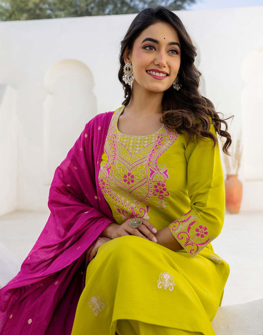 Silk Blend Embroidery Work and Embroidery Lace Straight Kurta with Pant & Dupatta