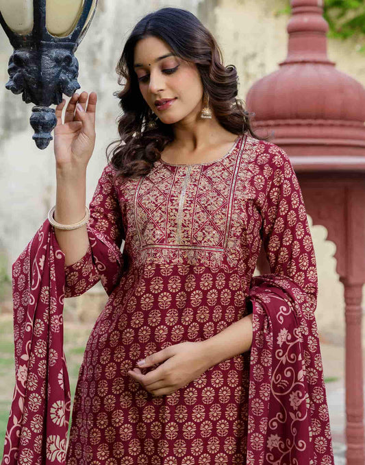 Cotton Printed Straight Kurta with Pant & Dupatta