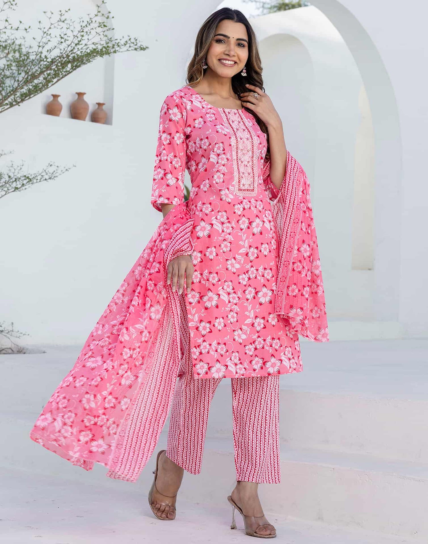 Cotton Printed, Embroidery and Mirror Work A-Line Kurta with Pant & Dupatta