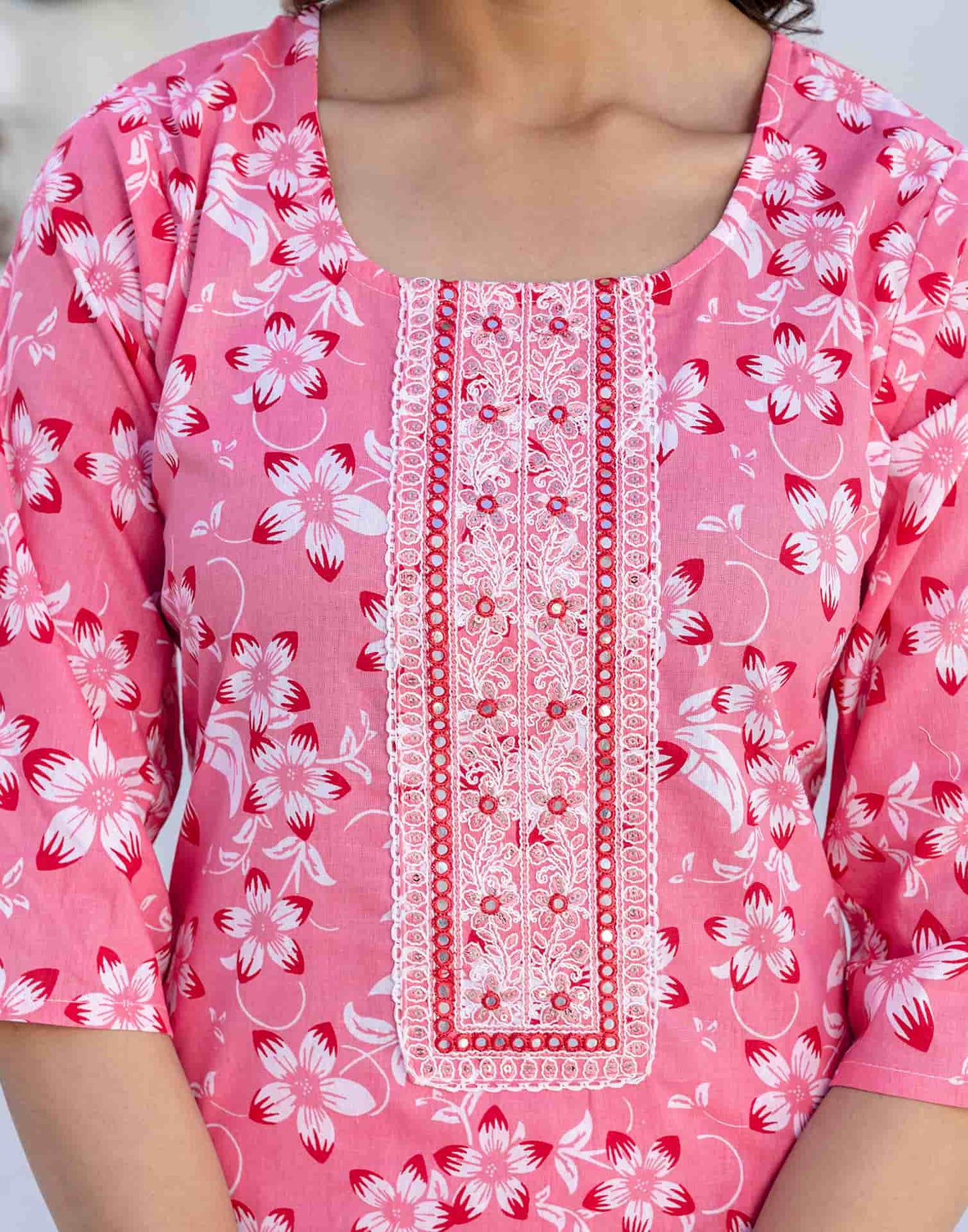 Cotton Printed, Embroidery and Mirror Work A-Line Kurta with Pant & Dupatta