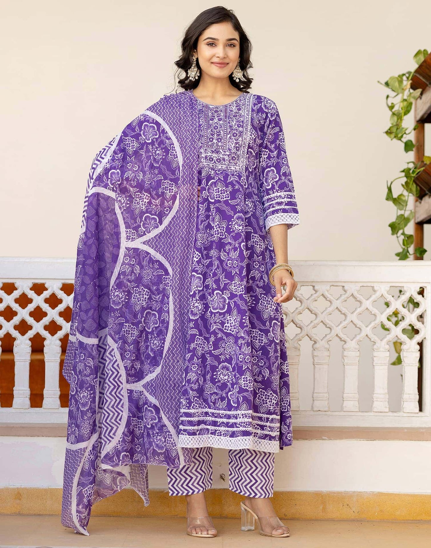 Cotton Embroidery and Sequin Work Anarkali Kurta with Pant & Dupatta