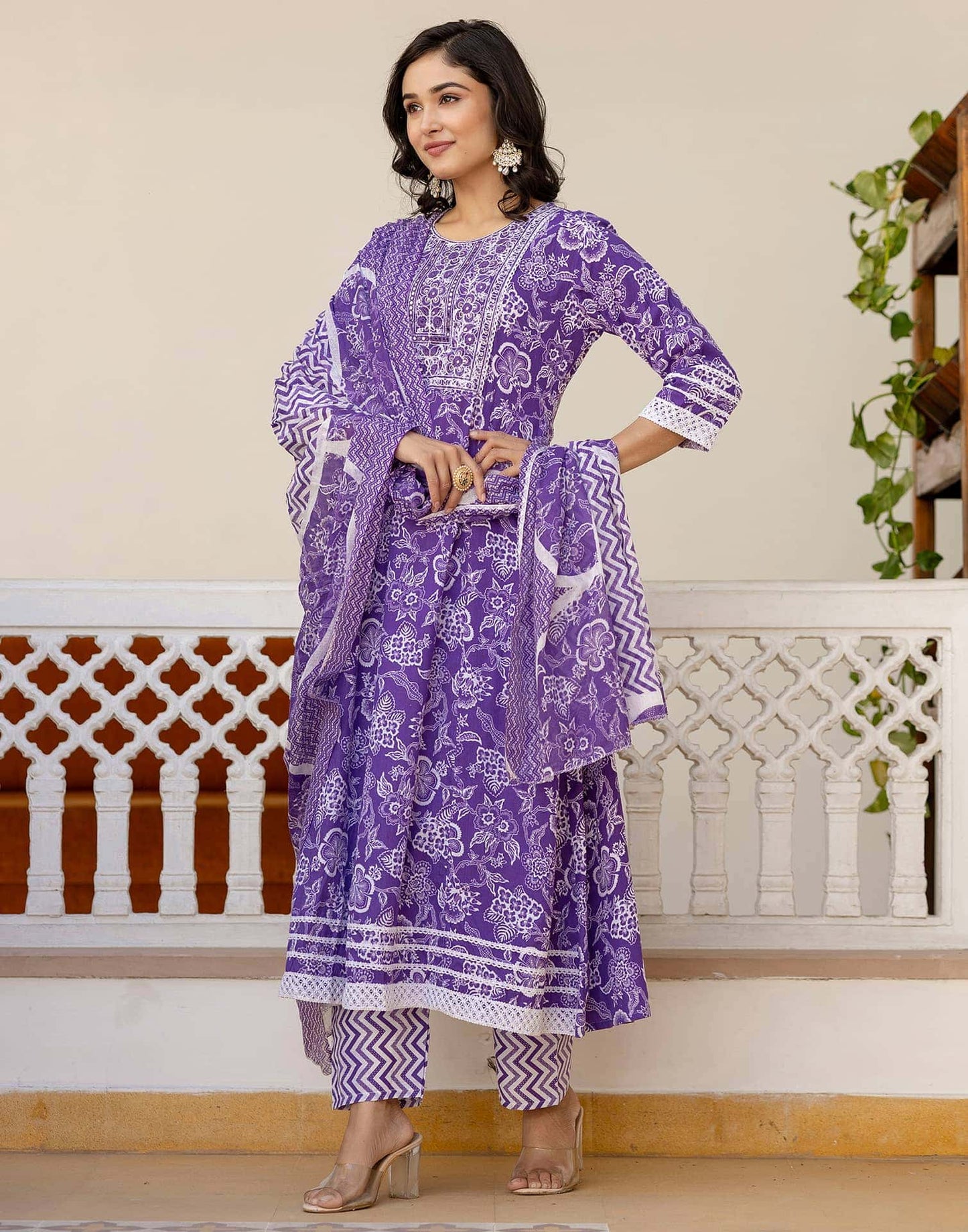 Cotton Embroidery and Sequin Work Anarkali Kurta with Pant & Dupatta