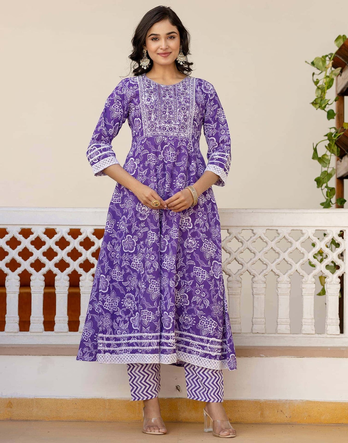 Cotton Embroidery and Sequin Work Anarkali Kurta with Pant & Dupatta