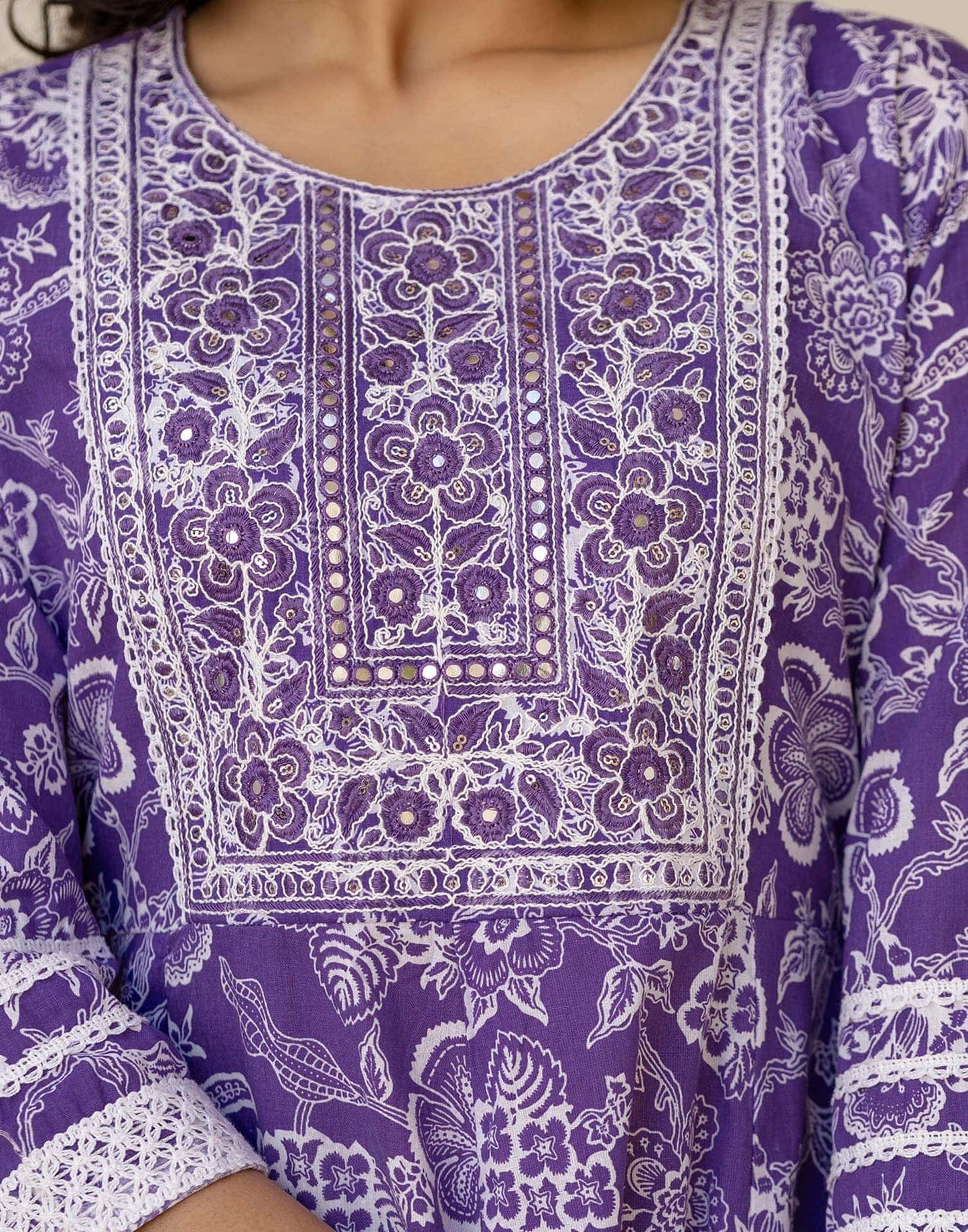 Cotton Embroidery and Sequin Work Anarkali Kurta with Pant & Dupatta