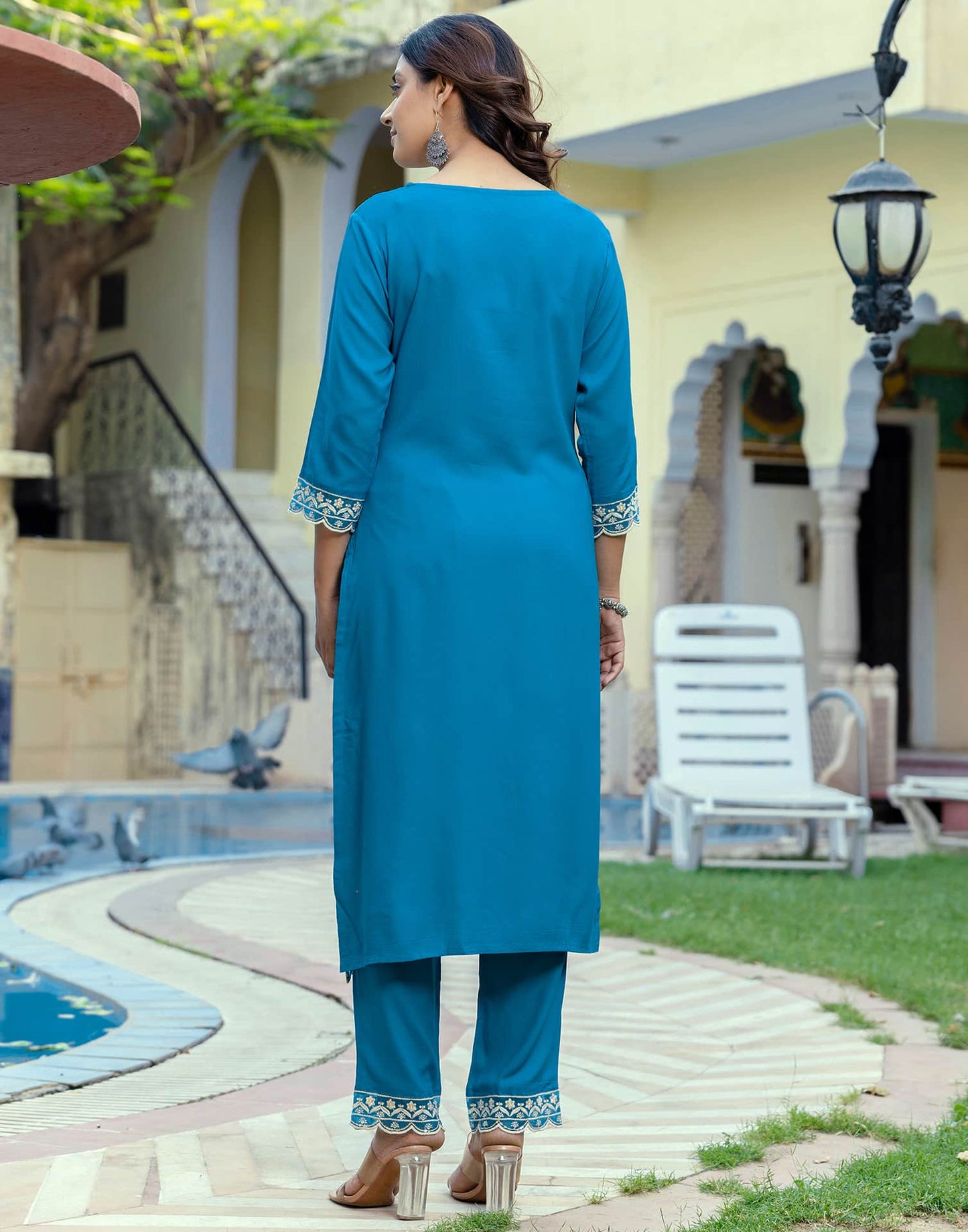 Rayon Embroidered Straight Kurta with Pant & Dupatta