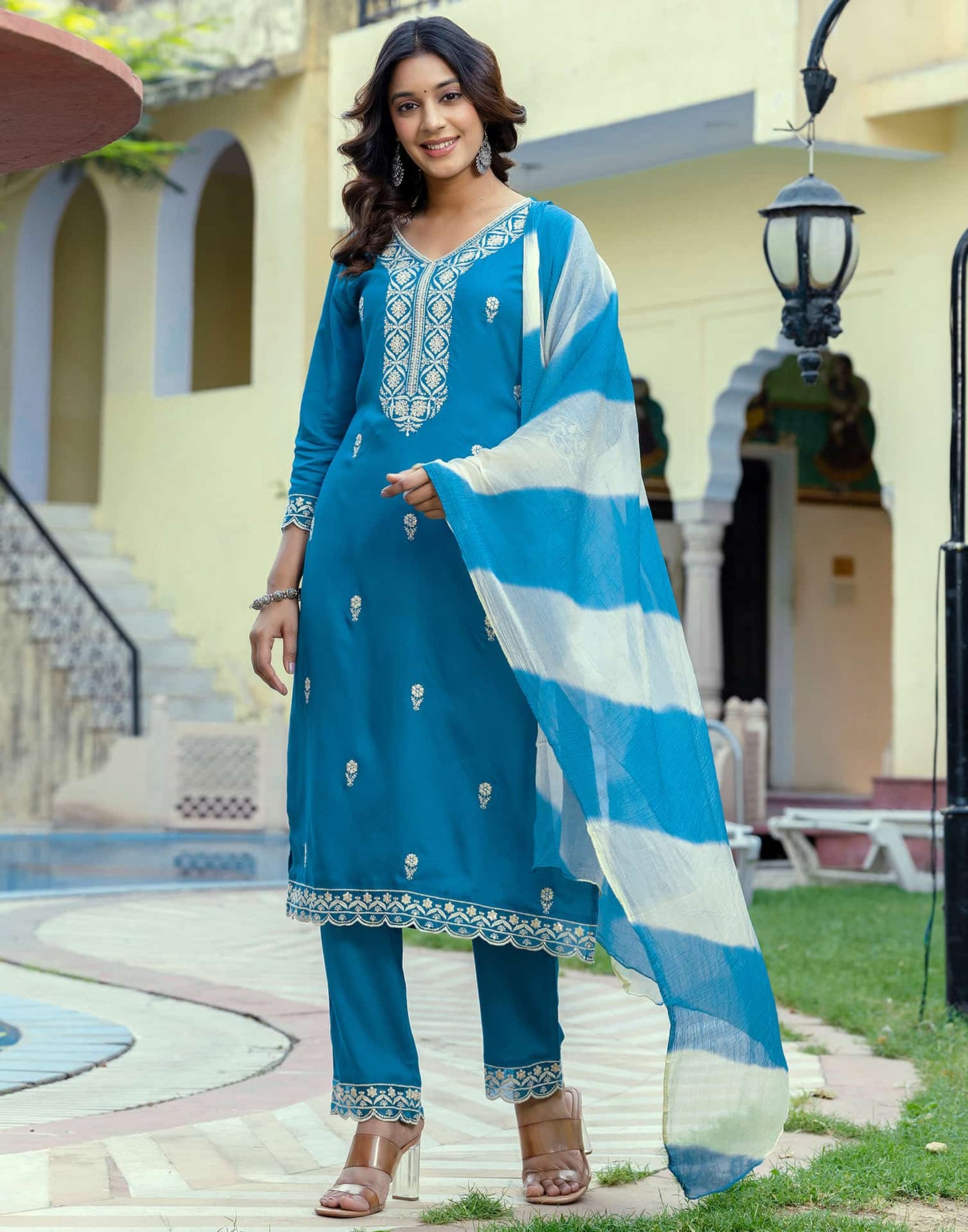 Rayon Embroidered Straight Kurta with Pant & Dupatta