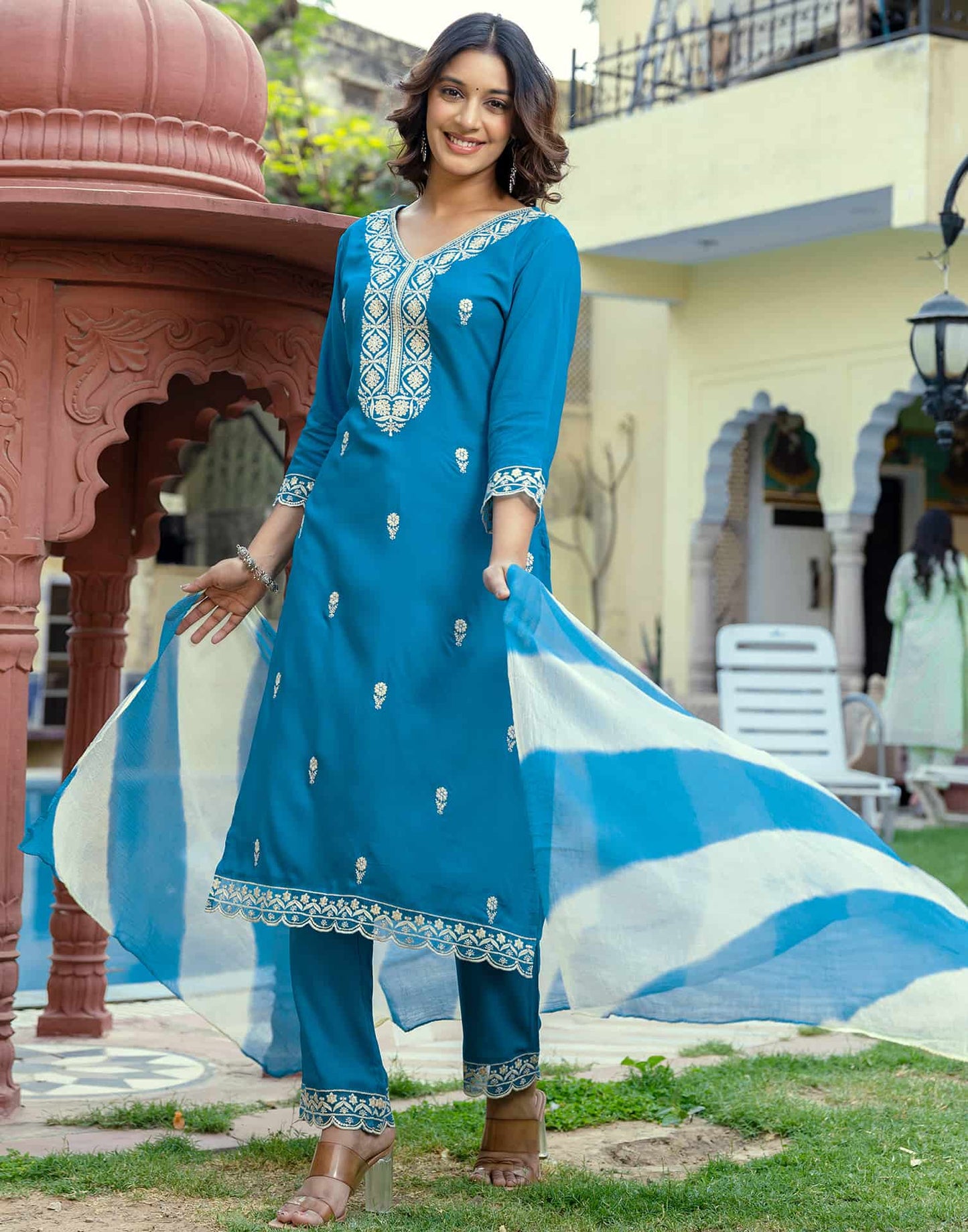 Rayon Embroidered Straight Kurta with Pant & Dupatta