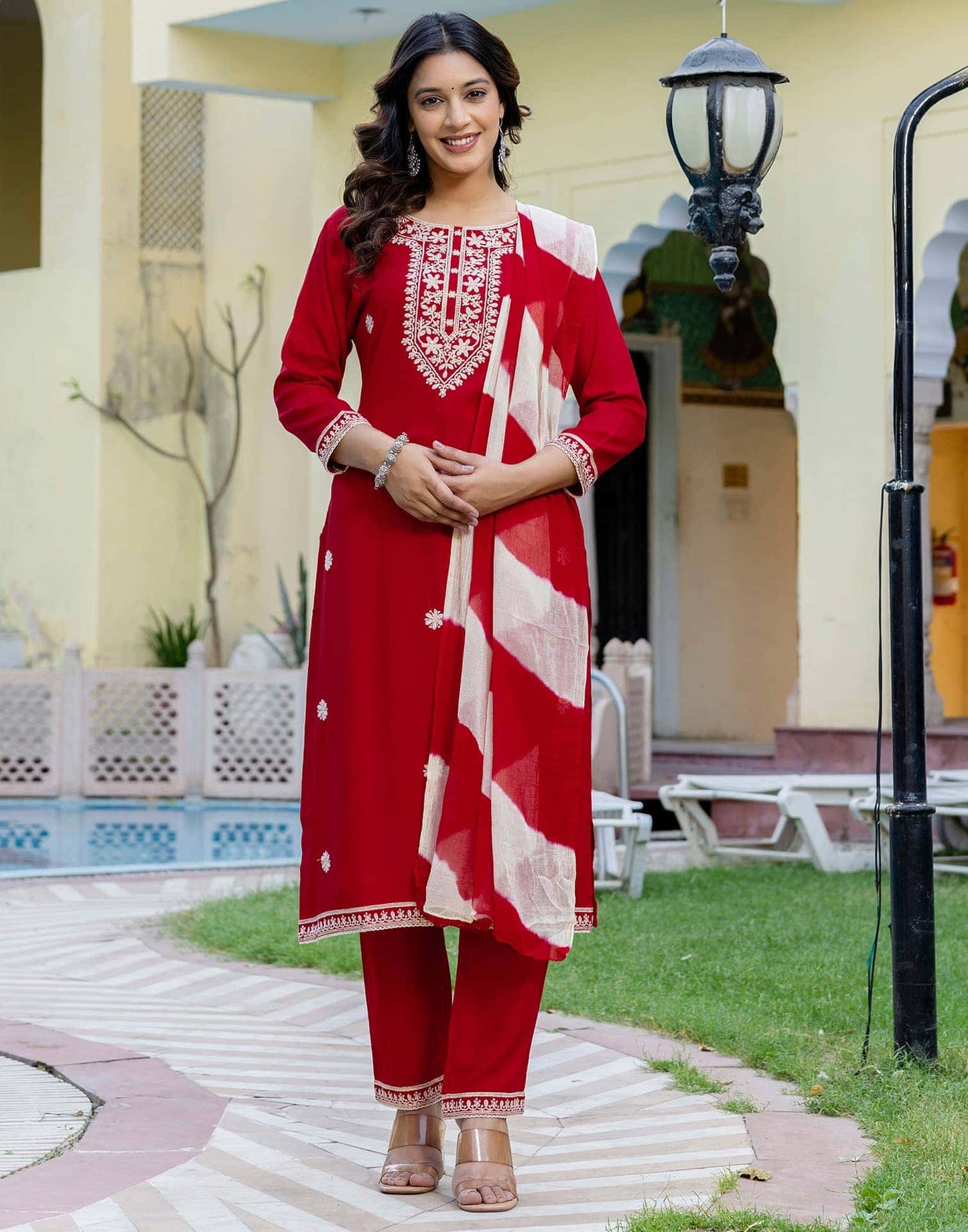 Rayon Embroidery, Sequins Work and Embroidery Lace Straight Kurta with Pant & Dupatta