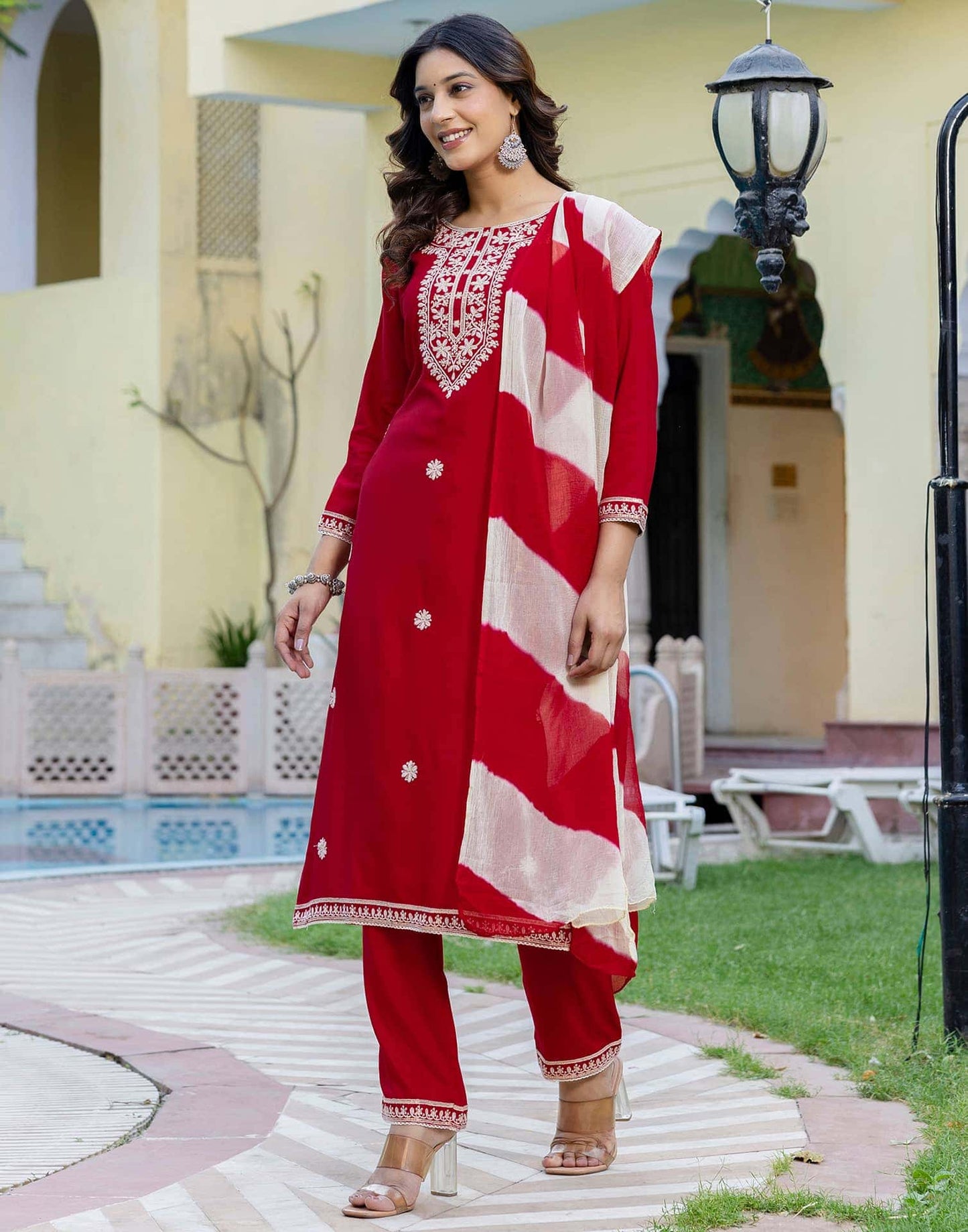 Rayon Embroidery, Sequins Work and Embroidery Lace Straight Kurta with Pant & Dupatta