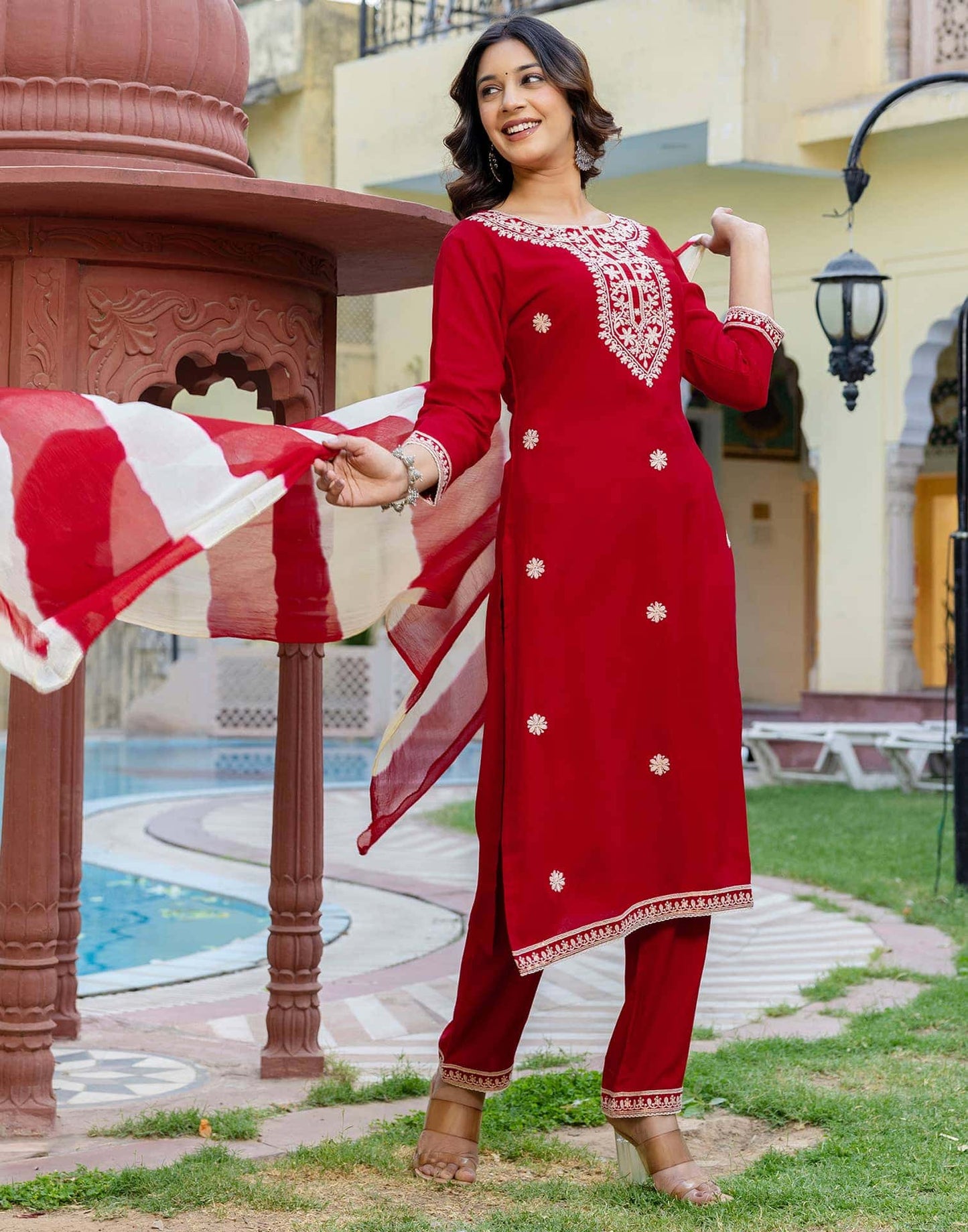 Rayon Embroidery, Sequins Work and Embroidery Lace Straight Kurta with Pant & Dupatta