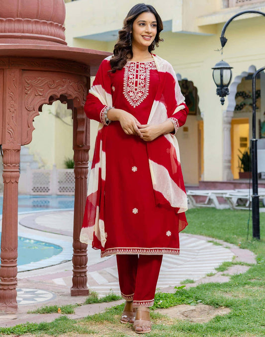 Rayon Embroidery, Sequins Work and Embroidery Lace Straight Kurta with Pant & Dupatta