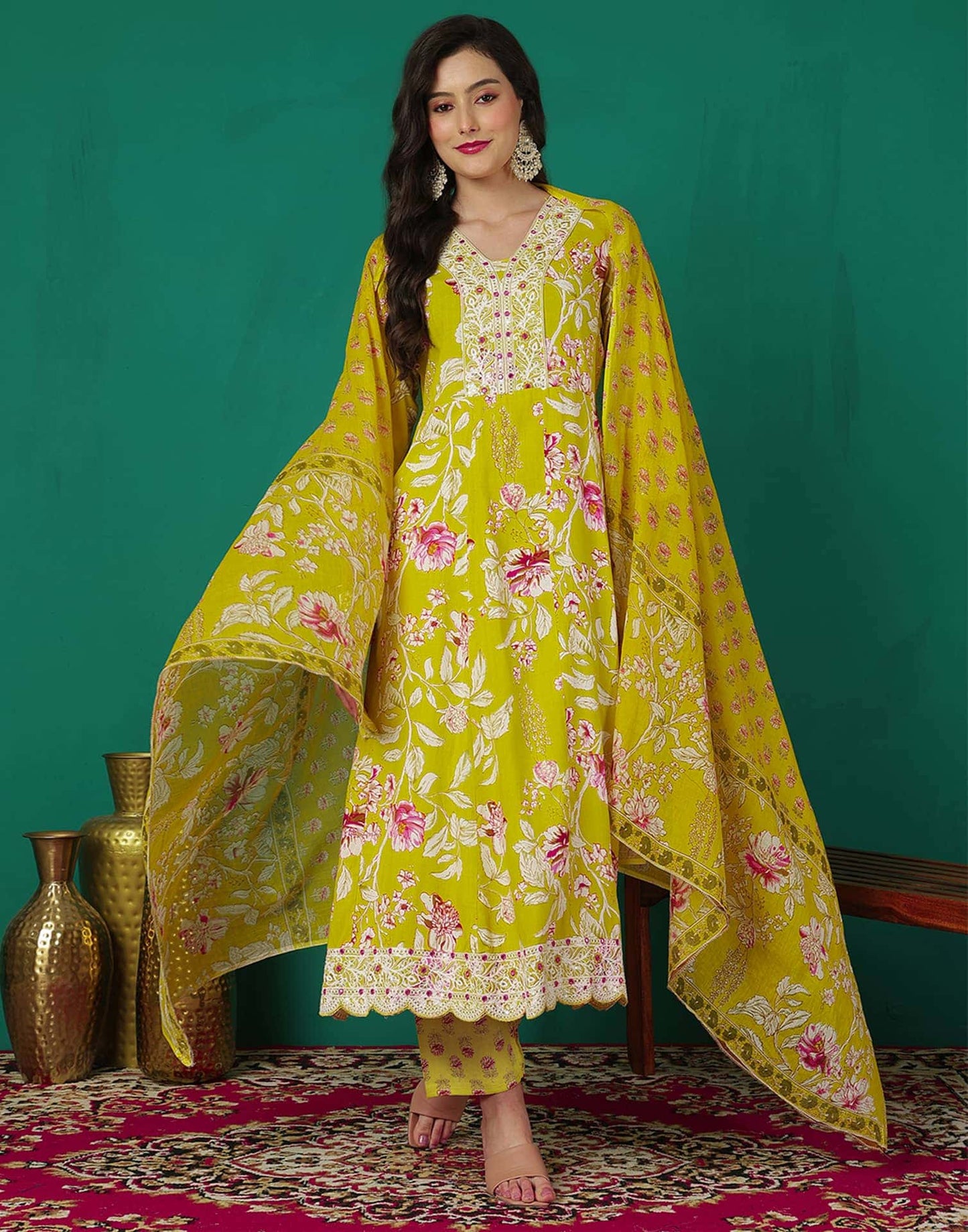 Cotton Embroidery, Sequins Work and Mirror Work Anarkali Kurta with Pant & Dupatta