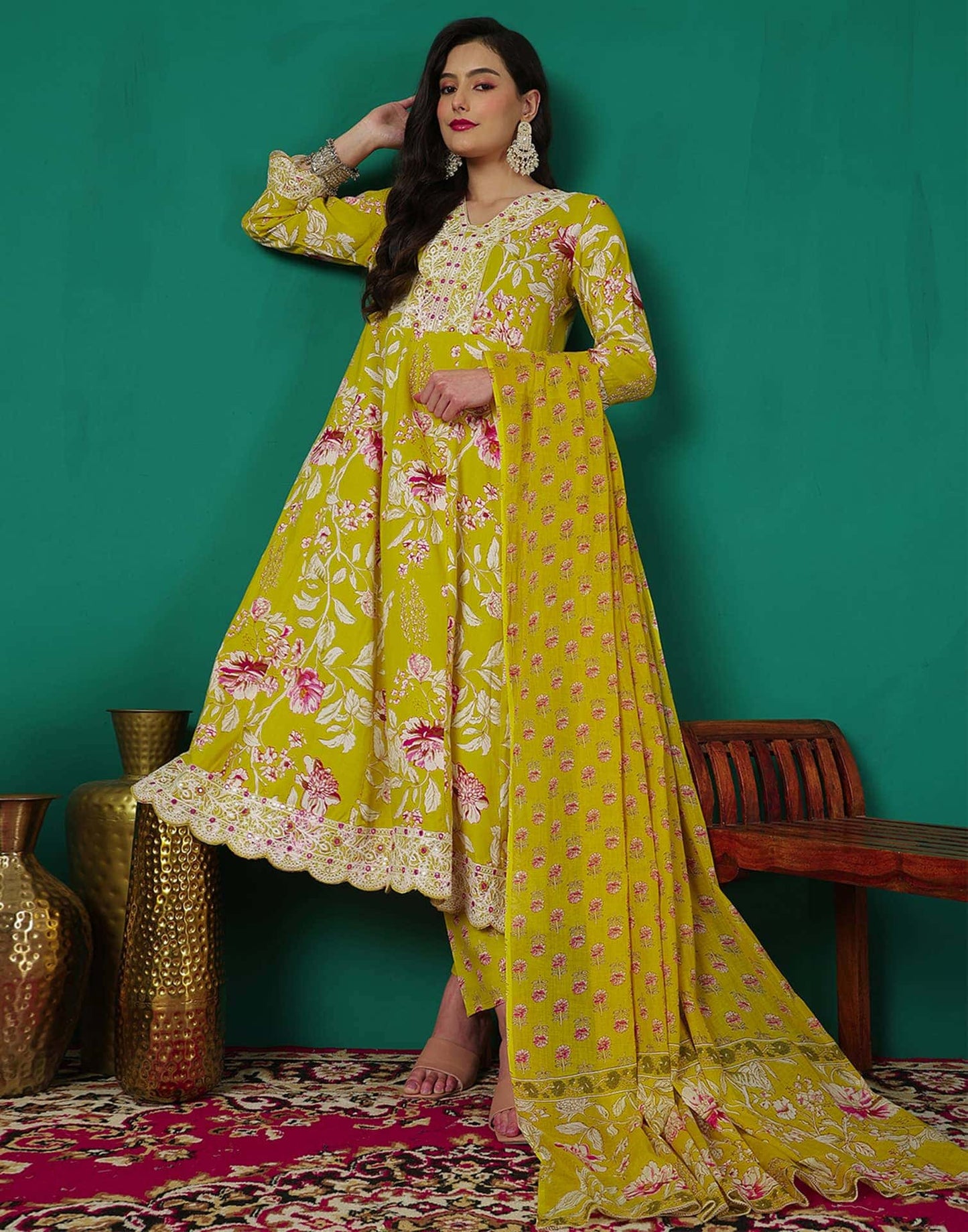 Cotton Embroidery, Sequins Work and Mirror Work Anarkali Kurta with Pant & Dupatta