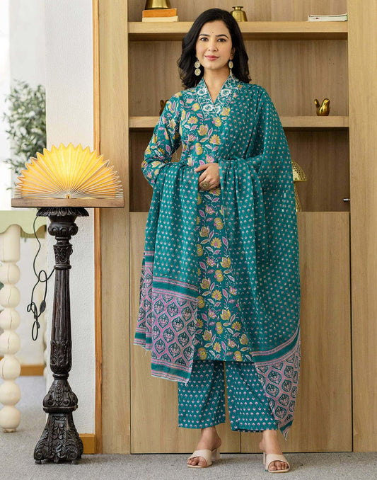 Cotton Printed and Embroidery Lace Anarkali Kurta with Pant & Dupatta