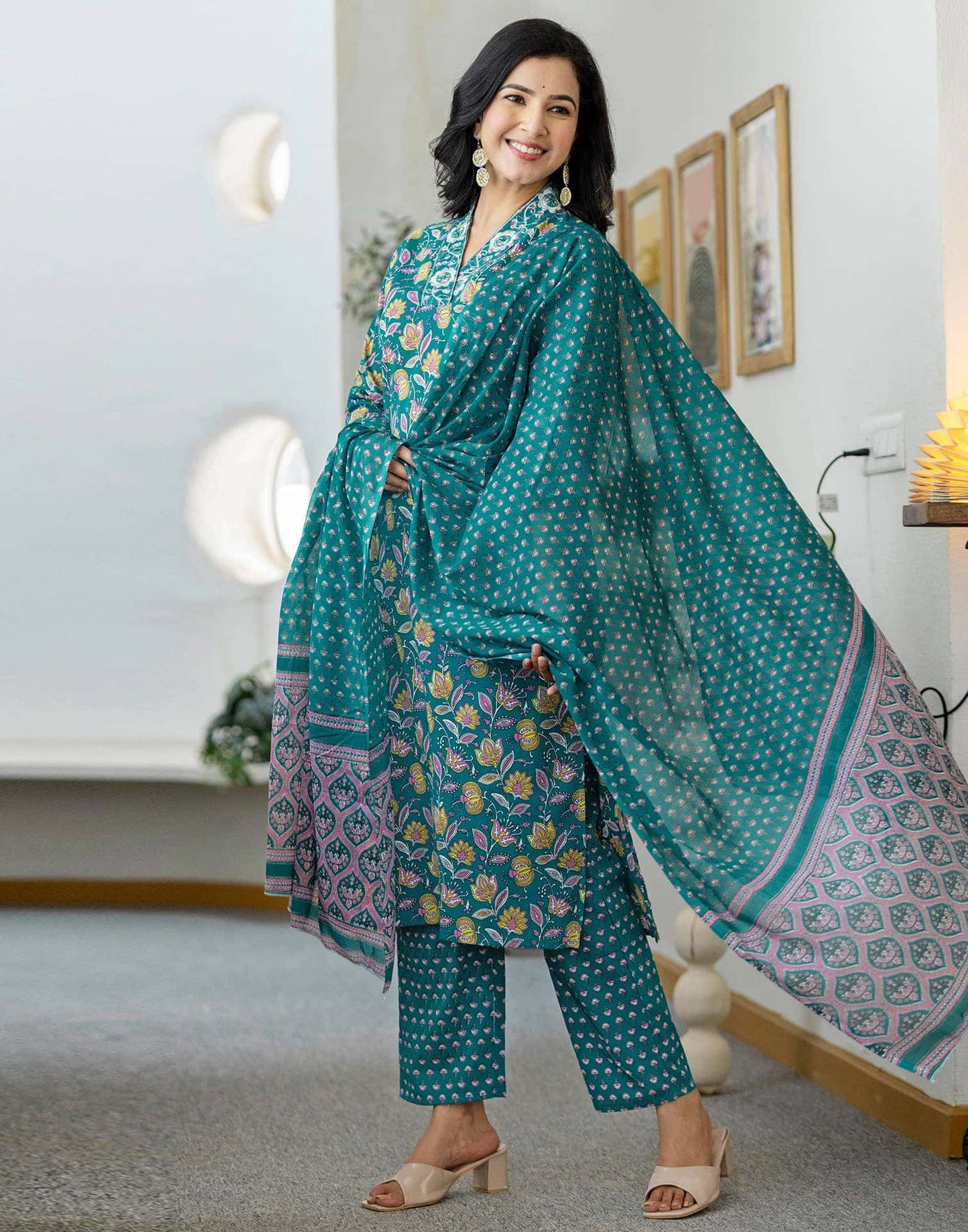 Cotton Printed and Embroidery Lace Anarkali Kurta with Pant & Dupatta