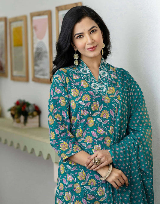 Cotton Printed and Embroidery Lace Anarkali Kurta with Pant & Dupatta