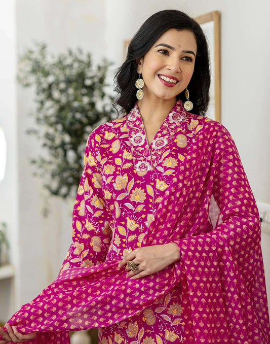 Cotton Printed and Embroidery Lace Anarkali Kurta with Pant & Dupatta