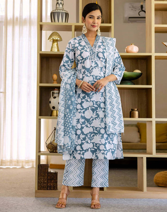 Cotton Printed and Embroidery Lace Anarkali Kurta with Pant & Dupatta
