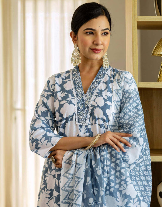 Cotton Printed and Embroidery Lace Anarkali Kurta with Pant & Dupatta