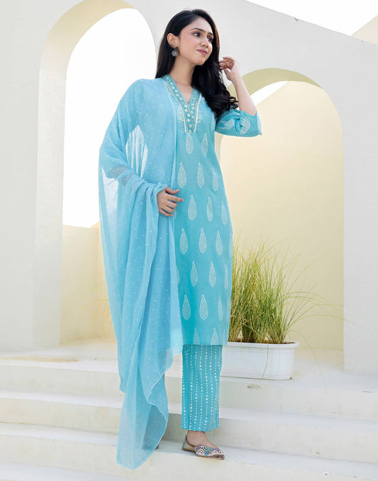Cotton Printed, Embroidery and Sequins Work, Lace Straight Kurta with Pant & Dupatta