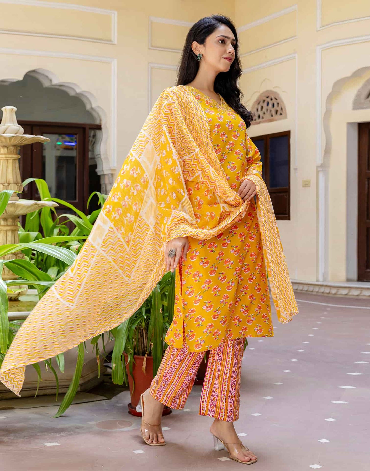 Cotton Printed, Embroidery and Sequins Work, Lace Straight Kurta with Pant & Dupatta
