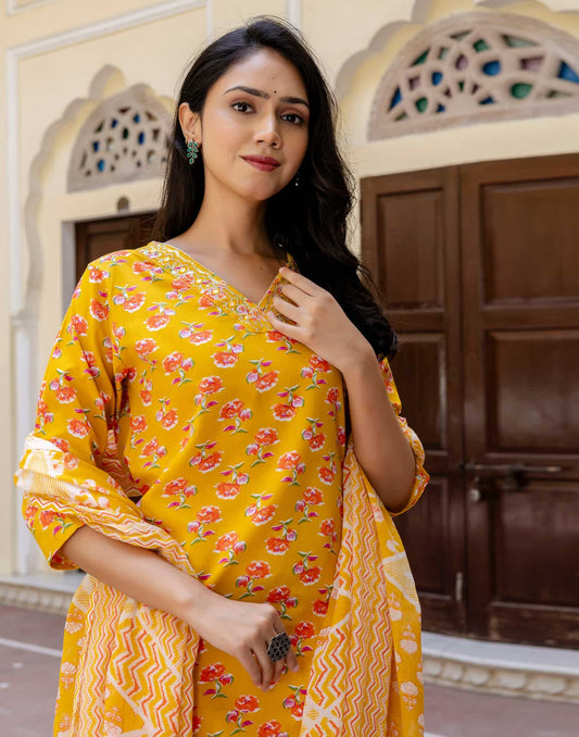 Cotton Printed, Embroidery and Sequins Work, Lace Straight Kurta with Pant & Dupatta