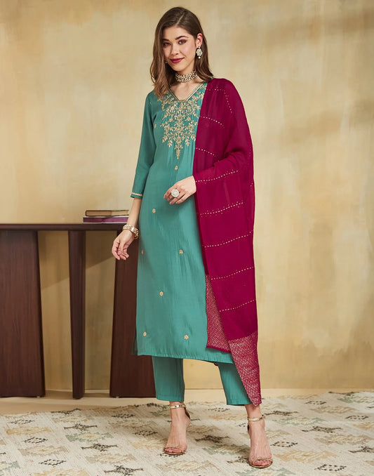 Silk Blend Embroidery Work and Gota Lace Straight Kurta with Pant & Dupatta