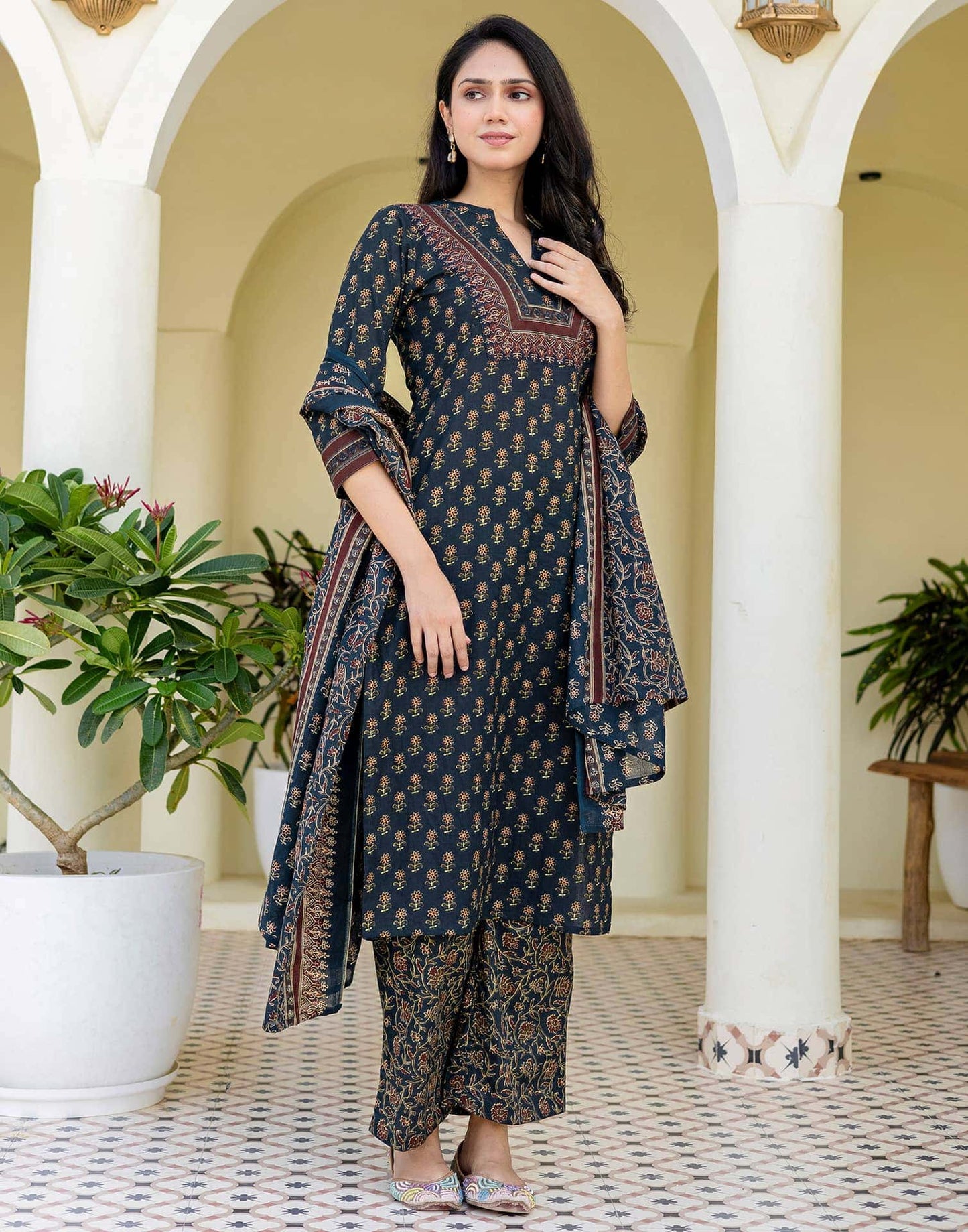 Cotton Printed, Fabric Lace Straight Kurta with Pant & Dupatta