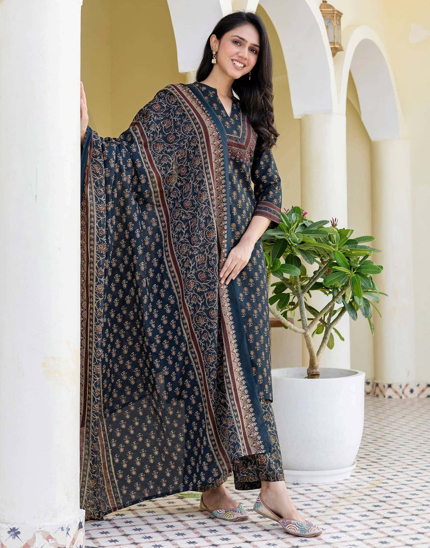 Cotton Printed, Fabric Lace Straight Kurta with Pant & Dupatta
