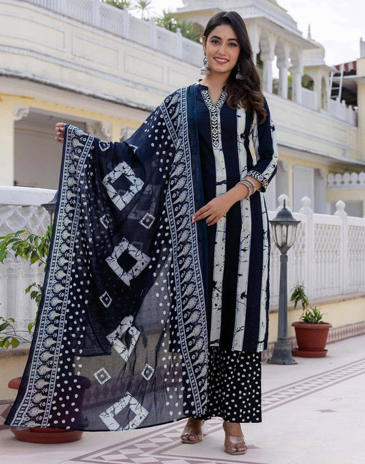 Cotton Printed, Embroidery Lace Straight Kurta with Pant & Dupatta