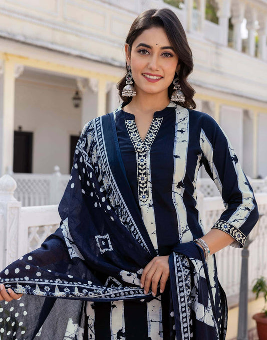 Cotton Printed, Embroidery Lace Straight Kurta with Pant & Dupatta