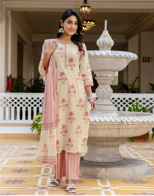 Cotton Floral Printed, Fabric Lace A-Line Kurta with Pant & Dupatta