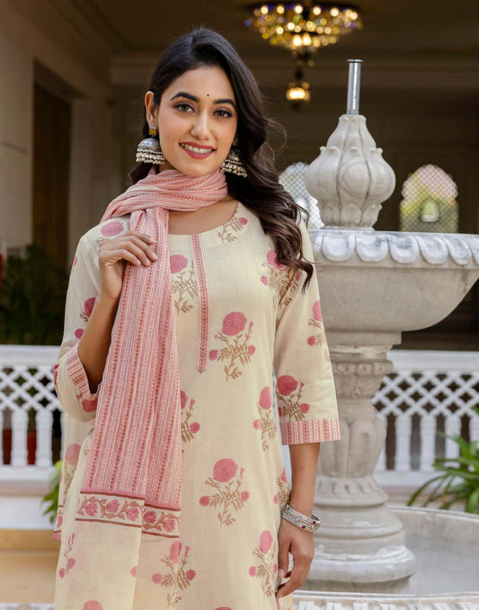 Cotton Floral Printed, Fabric Lace A-Line Kurta with Pant & Dupatta