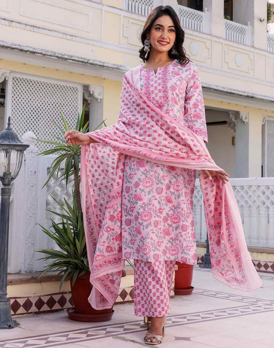 Cotton Printed A-Line Kurta with Pant & Dupatta