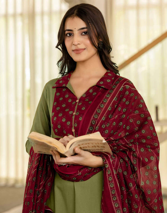 Cotton Dyed, Printed Fabric Lace Straight Kurta with Pant & Dupatta