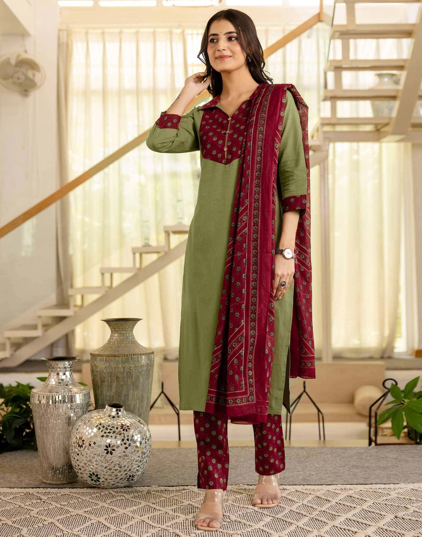 Cotton Dyed, Printed Fabric Lace Straight Kurta with Pant & Dupatta