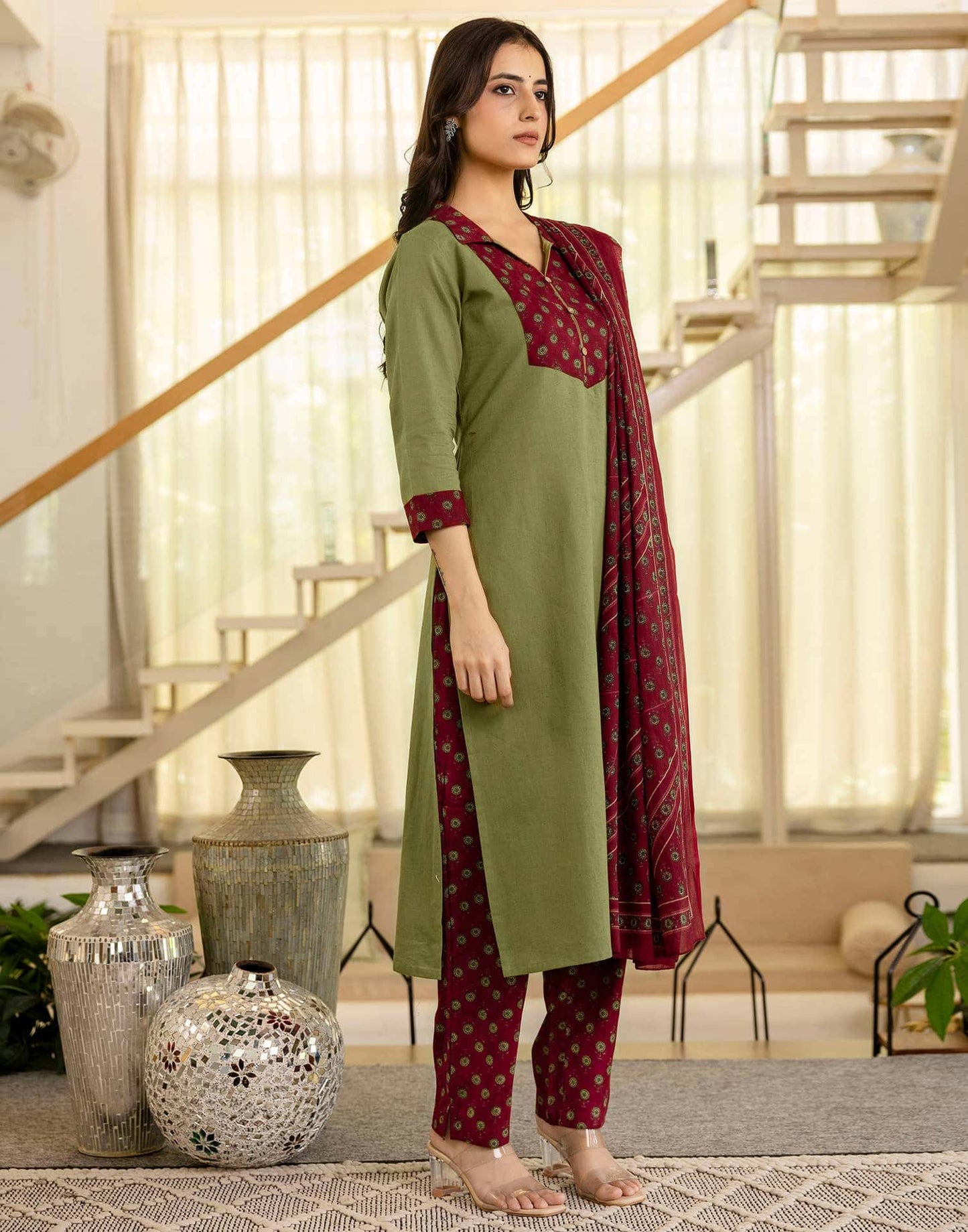 Cotton Dyed, Printed Fabric Lace Straight Kurta with Pant & Dupatta