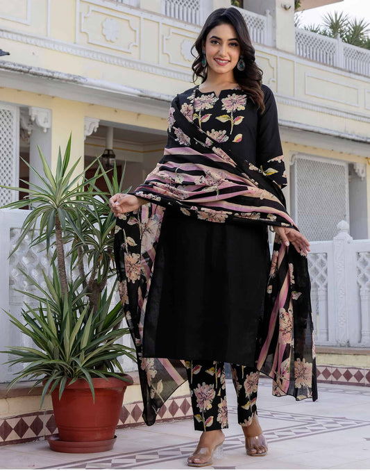 Affordable Cotton Floral Printed A-Line Kurta Set for Women in Black