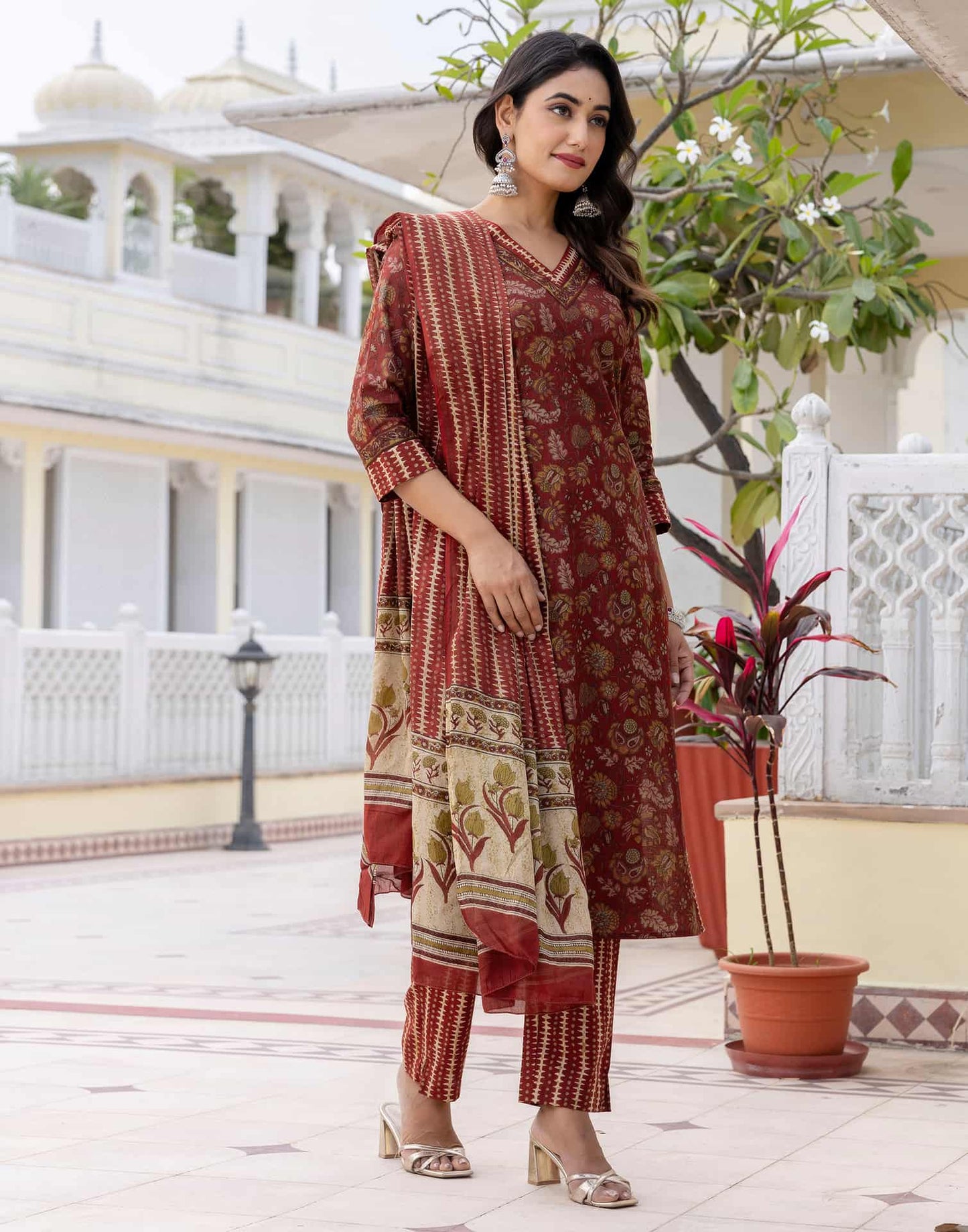 Cotton Printed A-Line Kurta with Pant & Dupatta