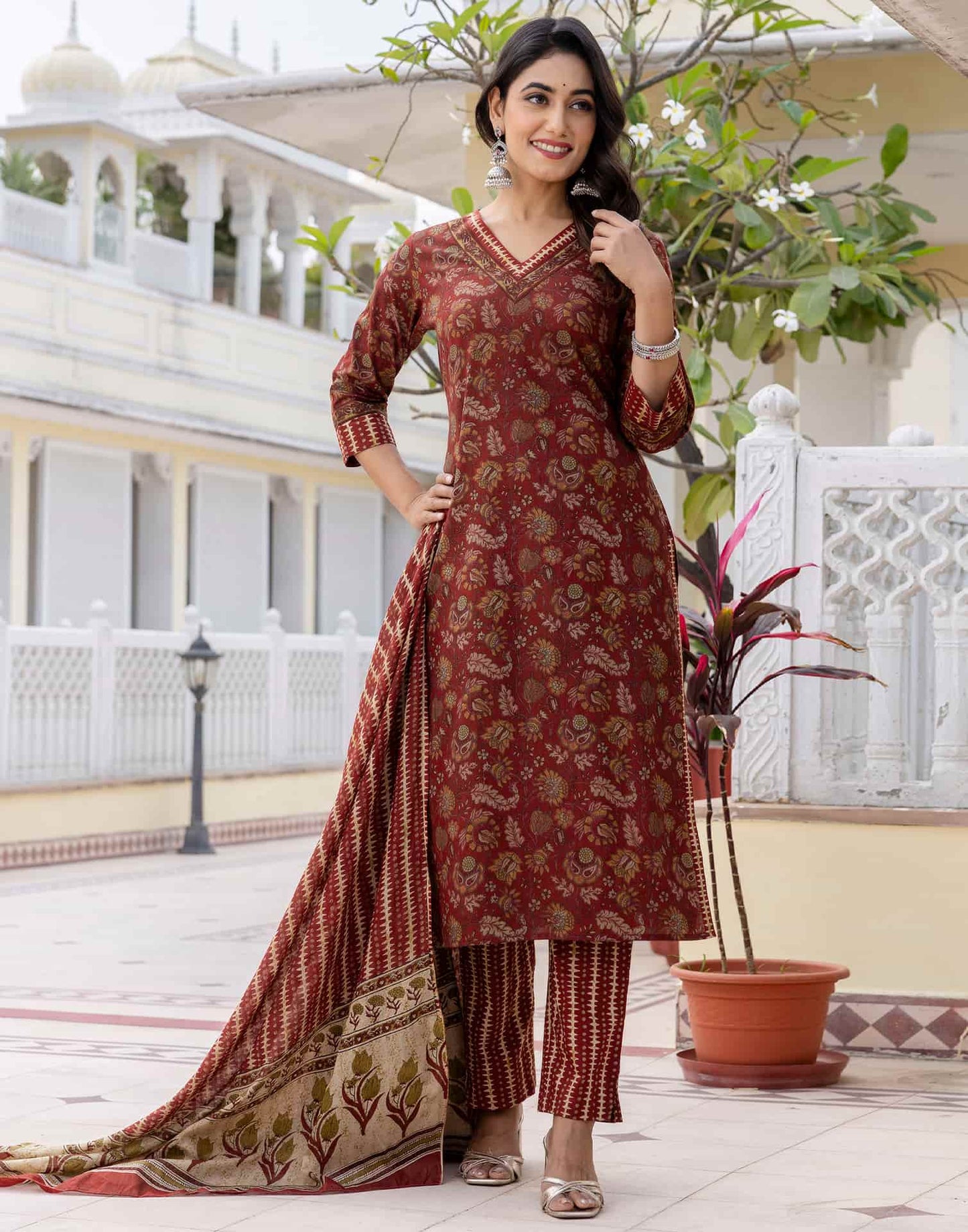 Cotton Printed A-Line Kurta with Pant & Dupatta