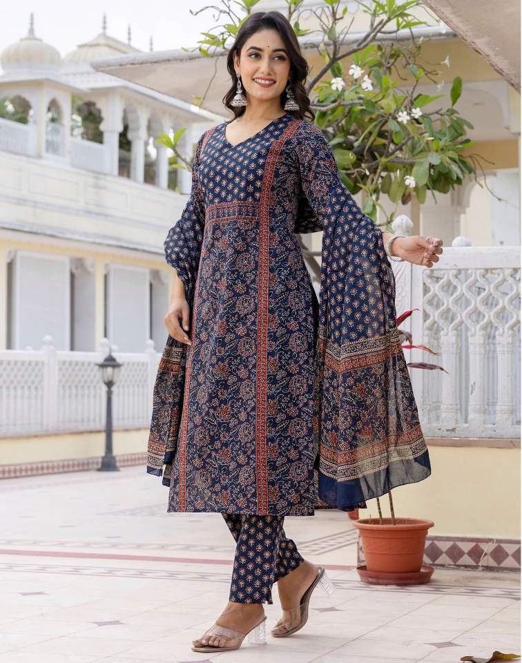Navy Blue Silk Printed V Neck 3/4 Sleeve Straight Kurta Set With Pant & Dupatta
